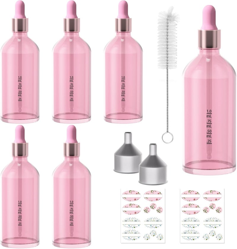 CycleMore 6 Pack Pink Glass Boston Bottles with Glass Scale Eye Droppers, Cosmetic Droppers for Beauty, Essential Oils, Makeup & More Liquids - Image 1